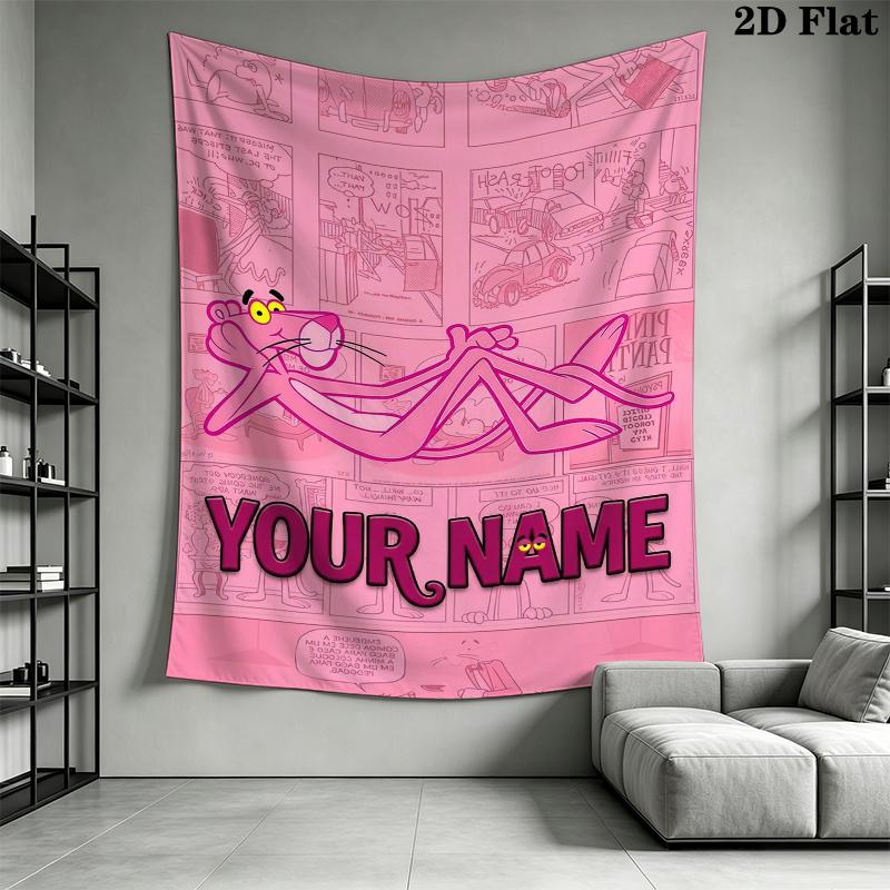 Custom Name Pink Panther Wall Tapestry Aesthetic Wall Hanging Printed Fabric Blanket Decorative Tapestries for Bedroom Living Room Home Decor