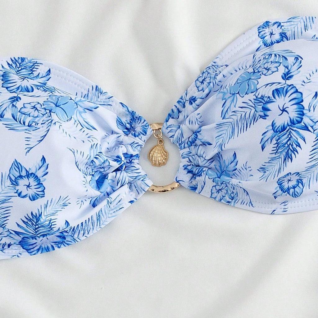 Women's Strapless Printed Bikini Swimsuit with Tie Straps and Ring Detail
