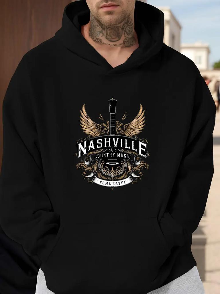 Nashville Guitar Print Hoodie - Casual Pullover with Kangaroo Pocket