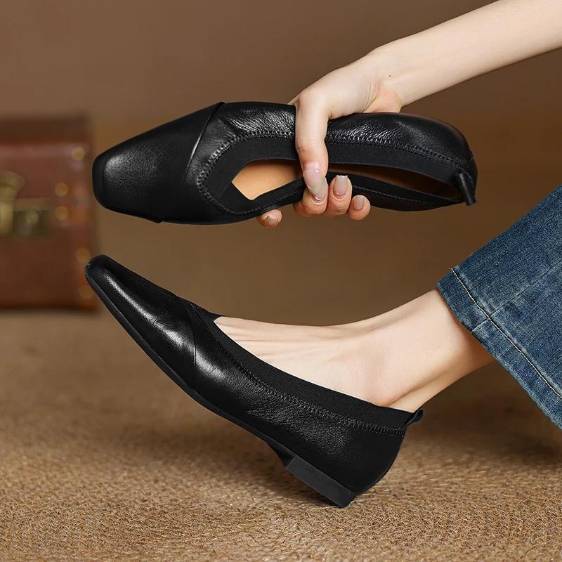 Fashion 2025 Spring Shallow Mouth Square Toe Loafers Shoes for Women Genuine Leather Woman Shoes Fashion Concise Low Heel Women Flats