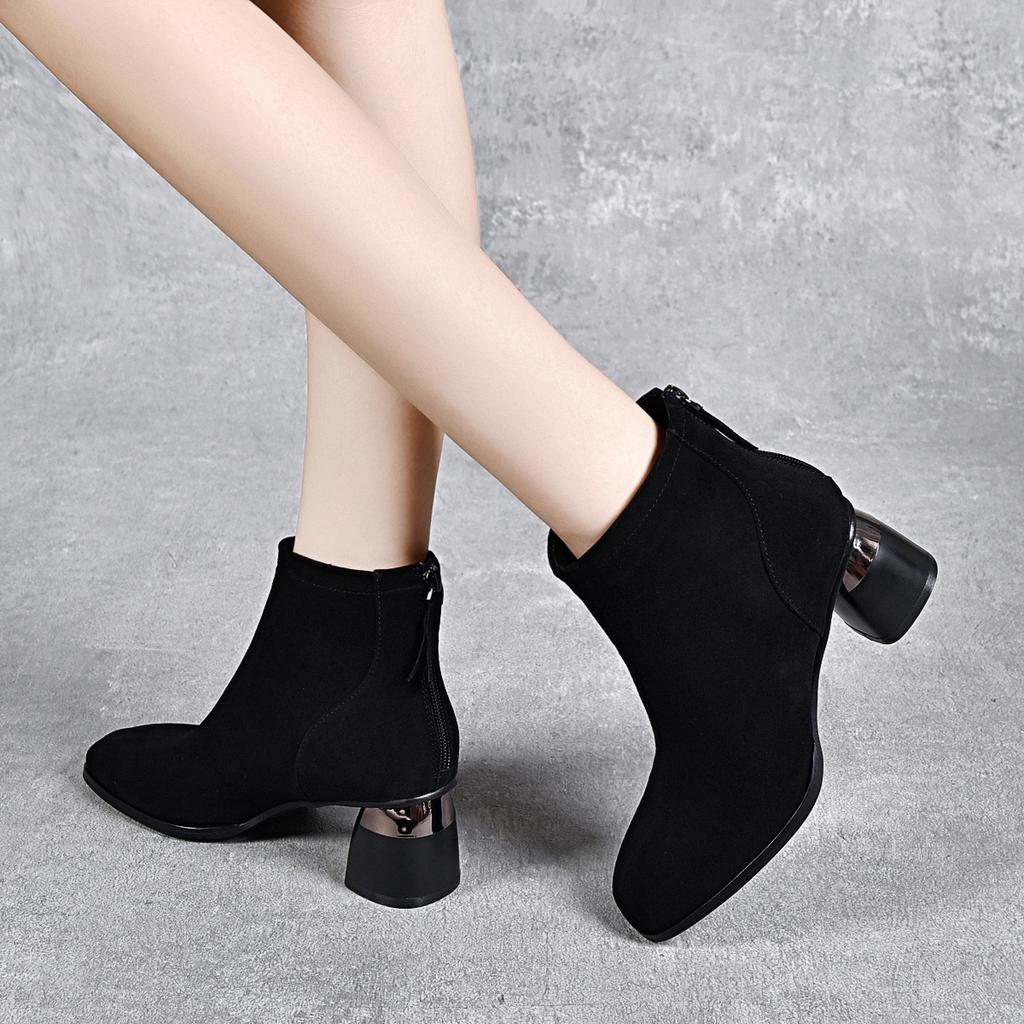 Cizme de damă toamnă și iarnă noi piele de oaie neagră temperament simplu cizme la modă fermoar la spate cizme cu toc înalt cizme de bumbac