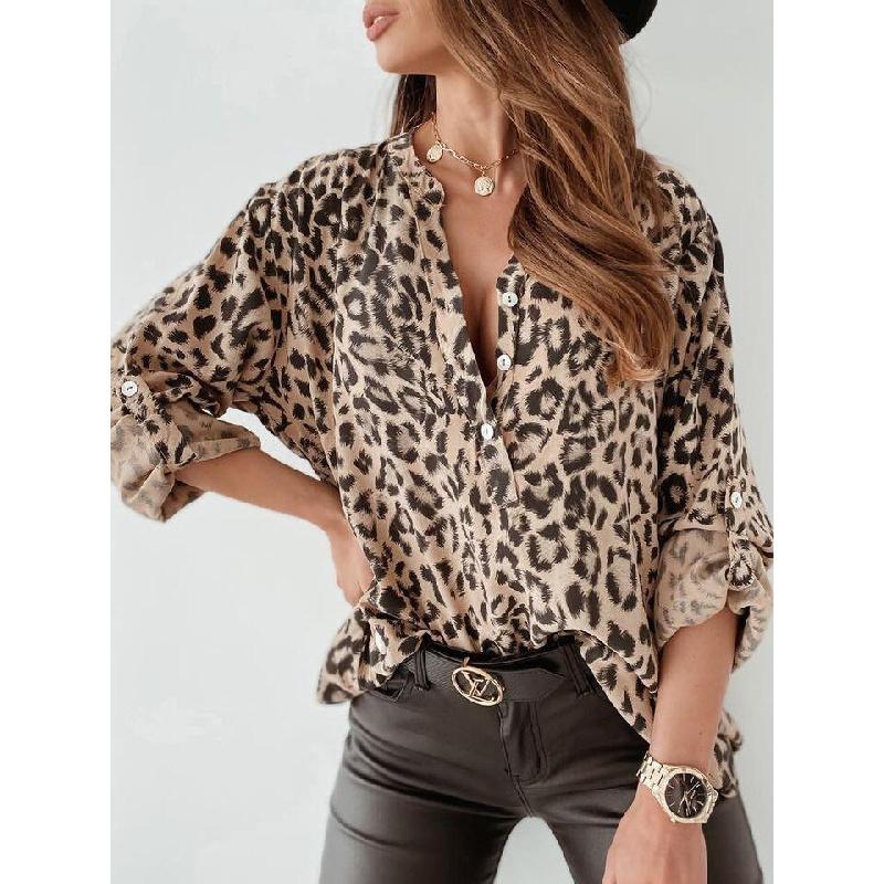 Spring and Autumn Printed Women's Shirt, Long Sleeve Leopard Print Single-Breasted Cardigan, Loose-Fit Women's Blouse