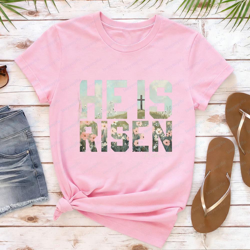 He Is Risen Matthew Easter T Shirt for Women Christian Religious Graphic Tees Casual Short Sleeve Faith Based Holiday Tops