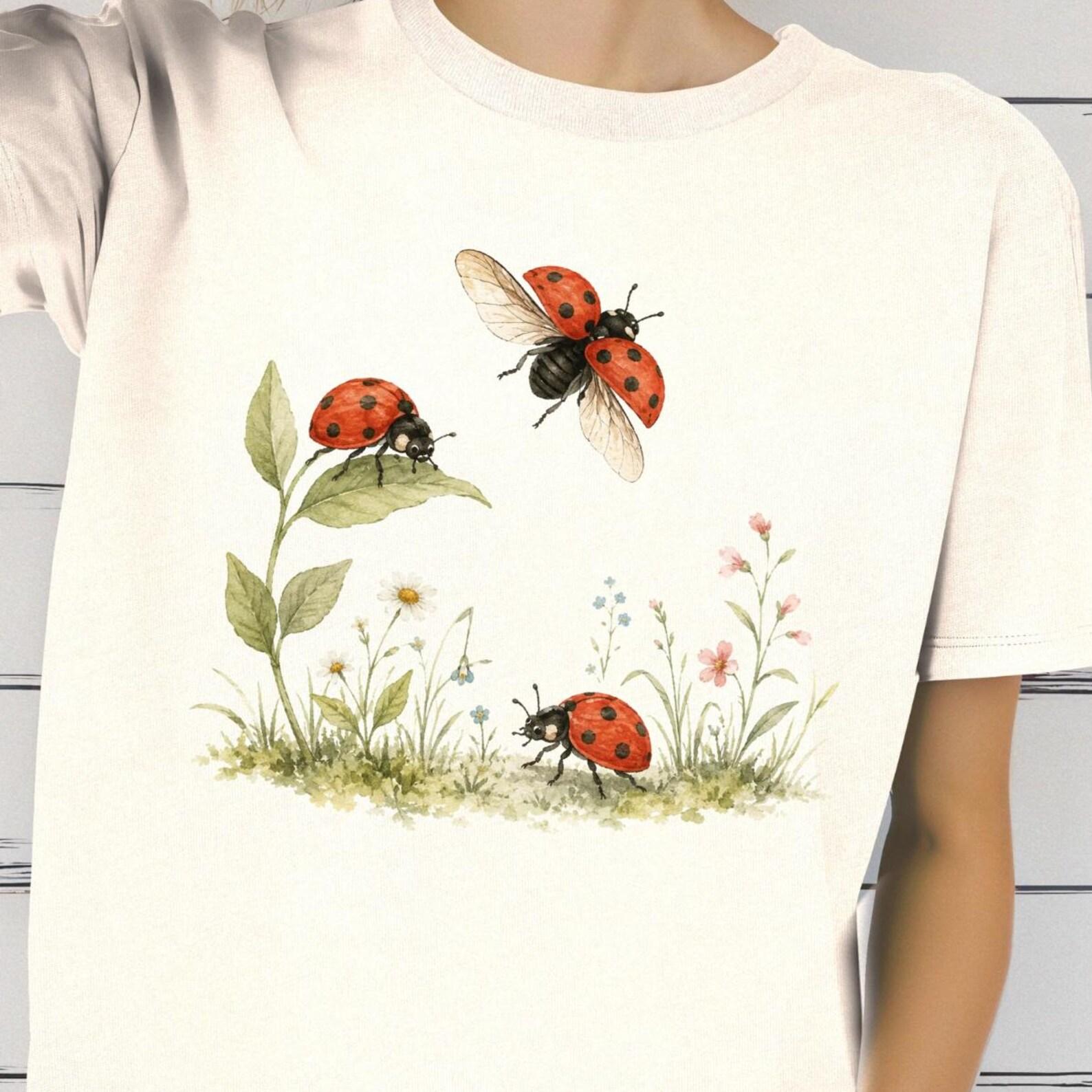 Ladybug Meadow Shirt, Cute Ladybug Tee, Botanical Insect T shirt, Garden Lover Shirt, Nature Bug Tee XL