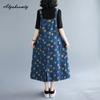 Sommerkleid für Damen im koreanischen Stil mit Print, Denim, Midi-Sommerkleid mit Hosenträgern, Vintage, lässig, lockeres Schnürkleid, stilvolle Baggy-Taschen, ärmelloses Kleid