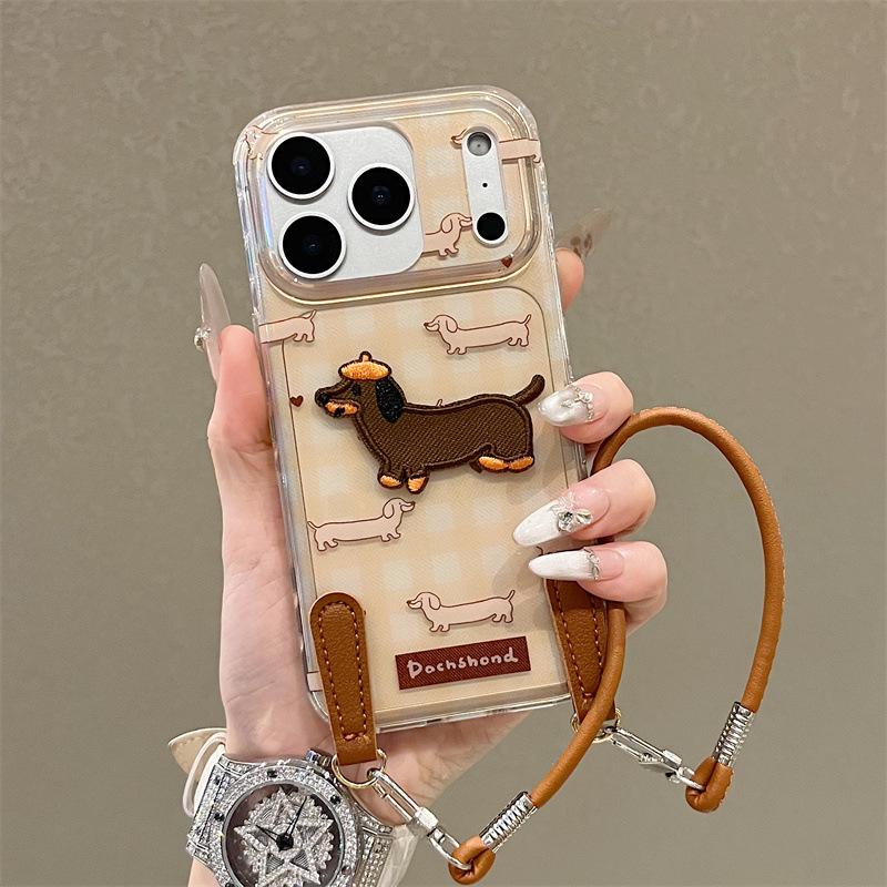 

Plaid Embroidered Dachshund Phone Case with Hand Strap for iPhone 17/16 Pro Max/15/14 iPhone 16 Pro Max