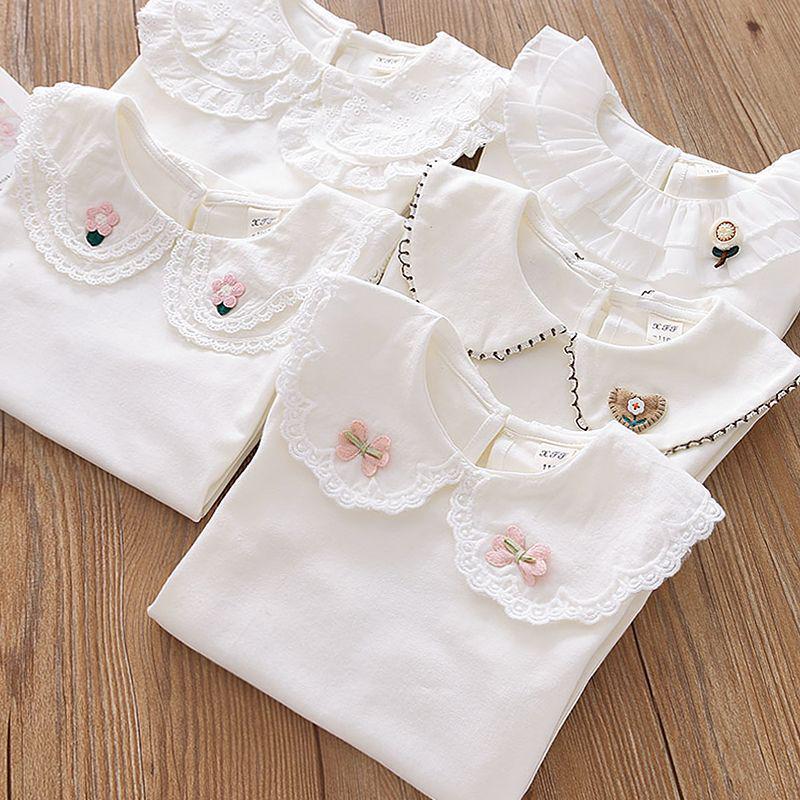 Girls' White Cotton Peter Pan Collar Long Sleeve Shirt for Spring & Autumn