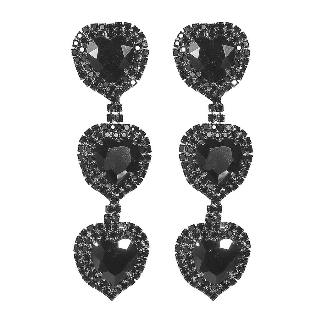 New High-Grade Black Long Love Earrings Temperament Luxury Rhinestone Earrings Prom Earrings Women's Earrings 1 Pair