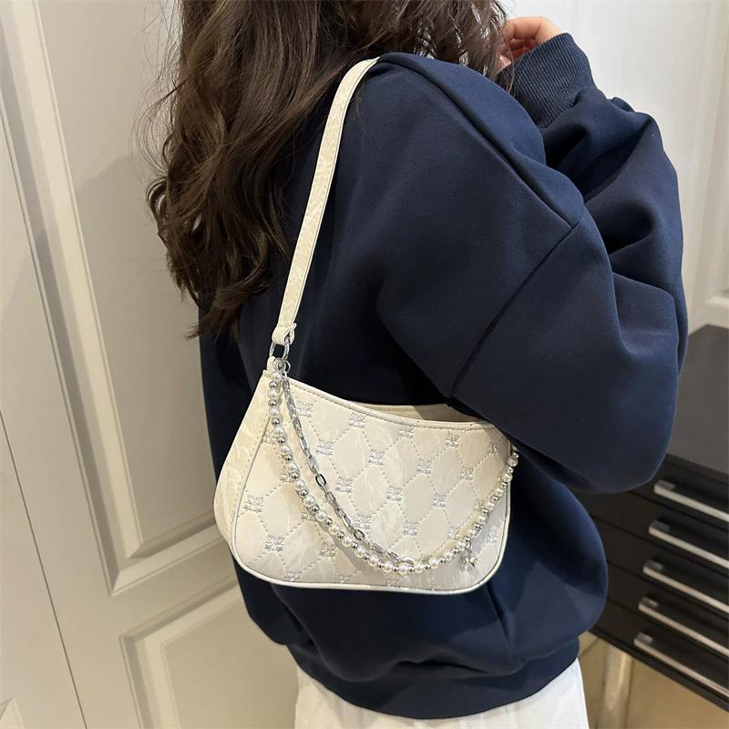 Bow Embroidery Women's Phone Shoulder Bags Thread Design Casual Ladies Underarm Bag Portable Pearl Chain Handbags Purse
