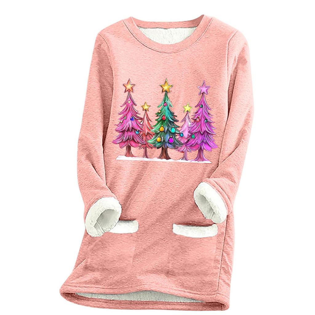 Ladies' Loose And Comfortable Round Neck Christmas Print Thick With Pockets Long Sleeved Top