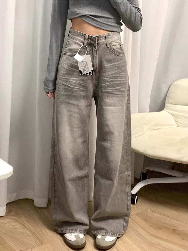 Women's High Waist Retro Gray Wide Leg Jeans - Summer Floor-Length Straight Pants