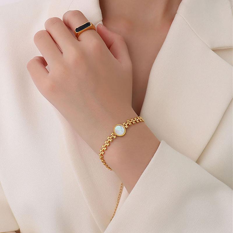 Stainless Steel Link Bracelet Fashion Gold Plated White Shell Round Charm Bracelet For Women
