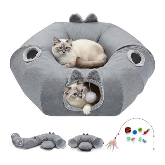 Odoland 85cm Cat Tunnel Bed, Donut Shape, 160cm Long S Shape, Cat Tunnel with Cushion, Fluffy, Cat Play, Lack of Exercise, Foldable, Washable, Toy
