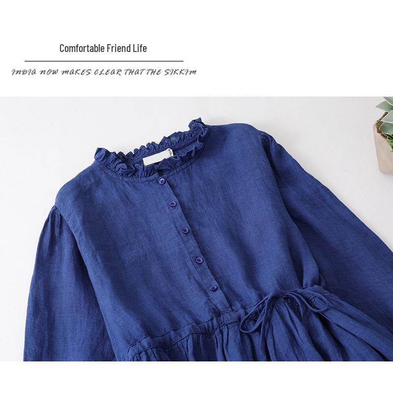 2025 Early Autumn Women's High-End Cotton Linen Ruffle Collar Mid-Length Dress - Light Luxury & Slimming Fit