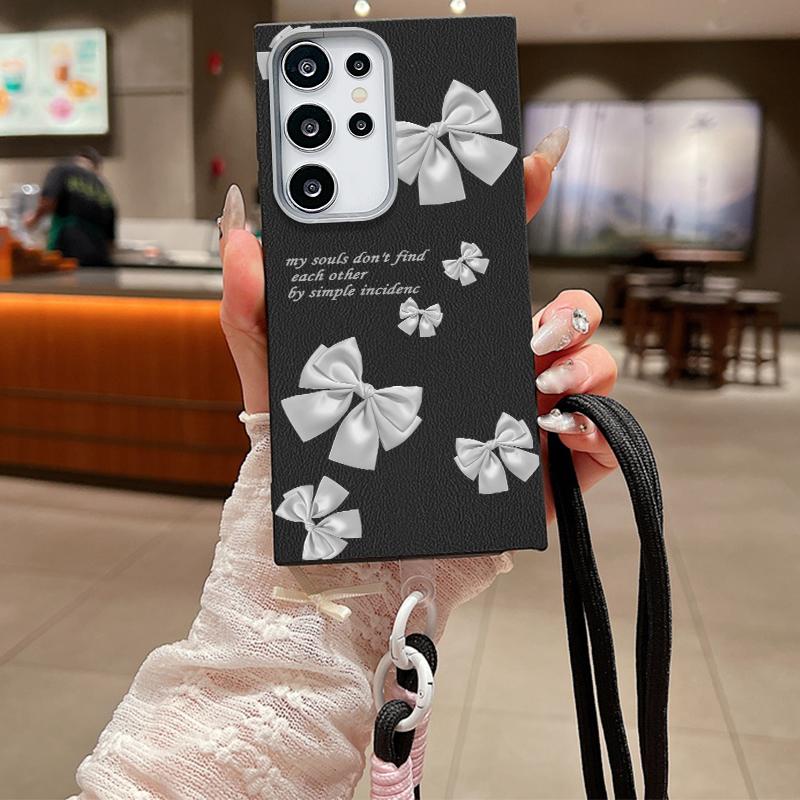 Bowknot Print Leather Texture Slim Matte Case For Samsung S25 Ultra S24 FE S23 A16 A56 A55 A36 A15 A35 Lanyard Rope Shockproof TPU Soft Phone Cover