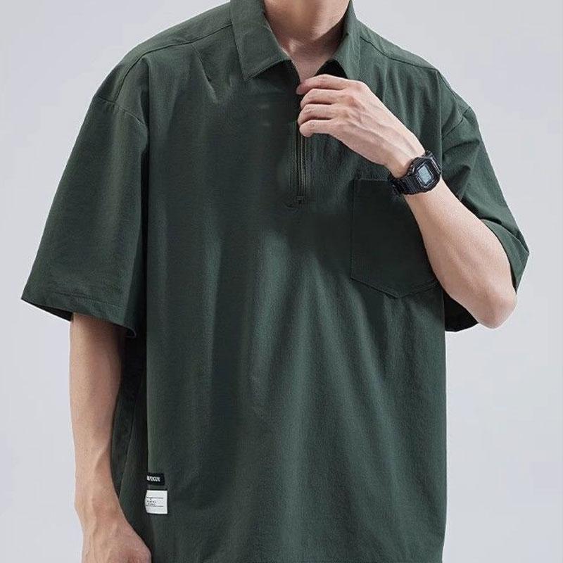 Casual Short Sleeve Polo Shirts Summer Fashion Zipper Men's Clothing Polo-Neck Basic Solid Color Loose Patch Designs T-shirts