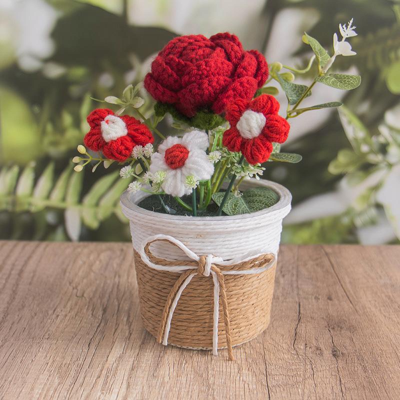 Knitting Crochet Rose Flowers Potted Plants, Mini Cute Home Desktop Decorations and Gifts for Friends, Classmates, Teacher - Christmas, Birthday Gift