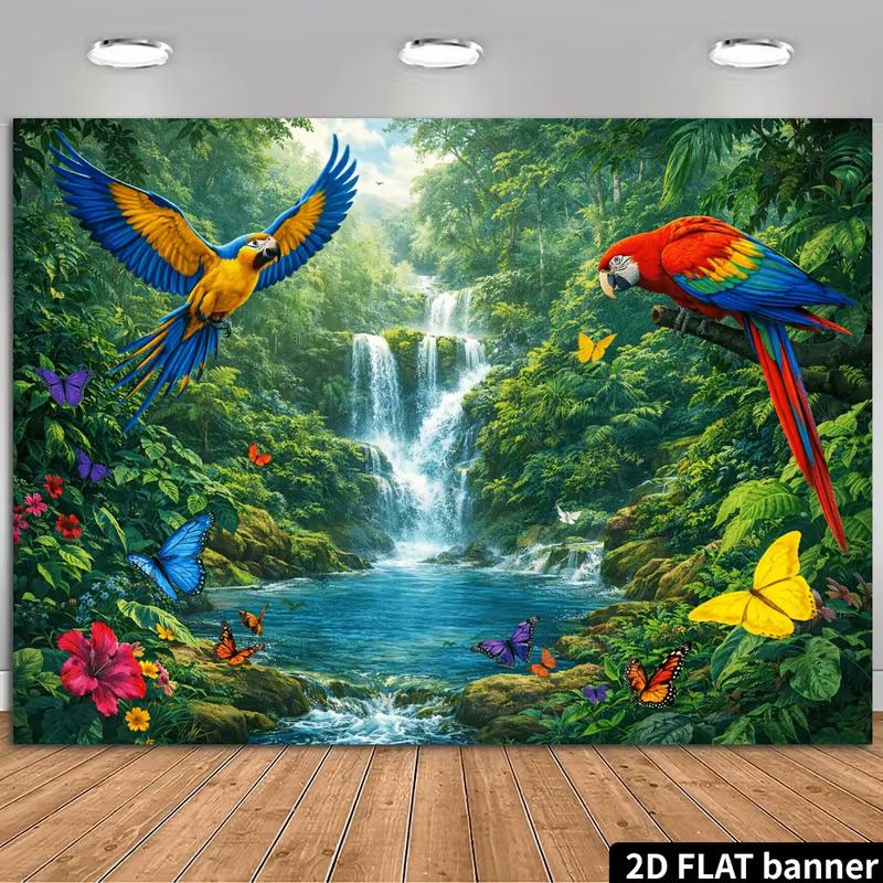 2D Green Wild Forest Waterfall Exotic Bird Nature Photography Background Cloth 47.2x31.5inch/120*80cm