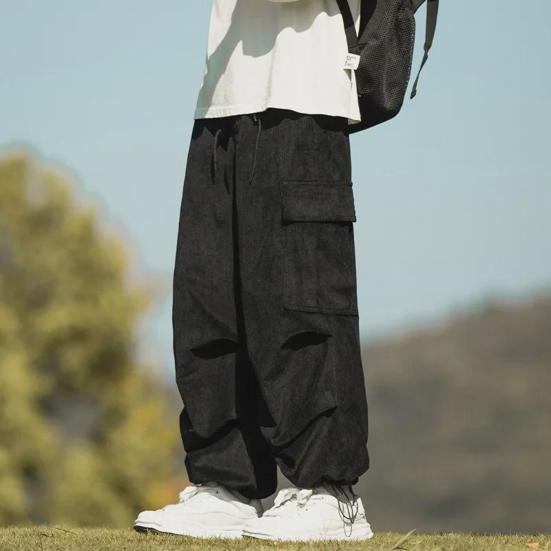 Men's Casual Trendy Army Green Corduroy Overalls - Autumn & Winter Wide-Leg Trousers