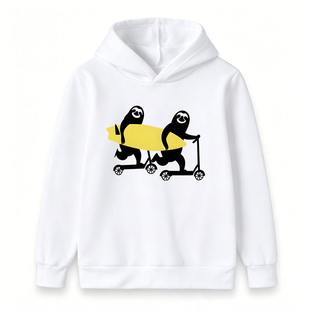 Kids Boys Girls Hoodie, Funny Sloths Ride Scooter Hold Surfboard Print Casual Long Sleeve Pullover Hooded Sweatshirt for Youth Children Daily Wear