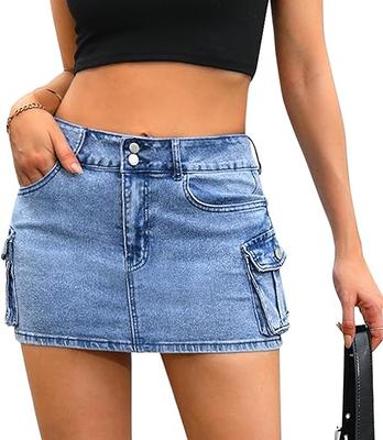 Womens Cargo Skirt Y2k Low Waist Button Bodycon Denim Mini Skirt with Flap Pockets