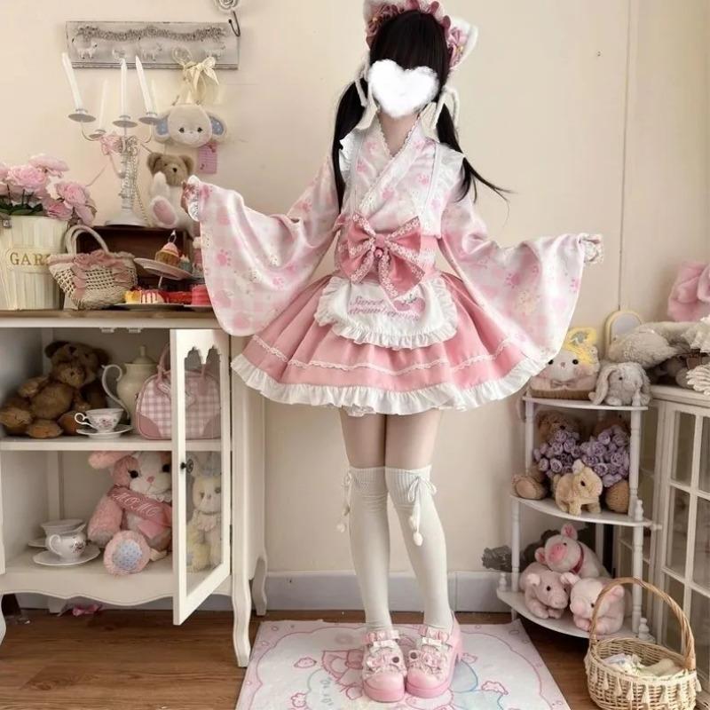 Damen Süßes Gelbes Erdbeer-Katzen-Print Kimono-Stil Lolita Kleid