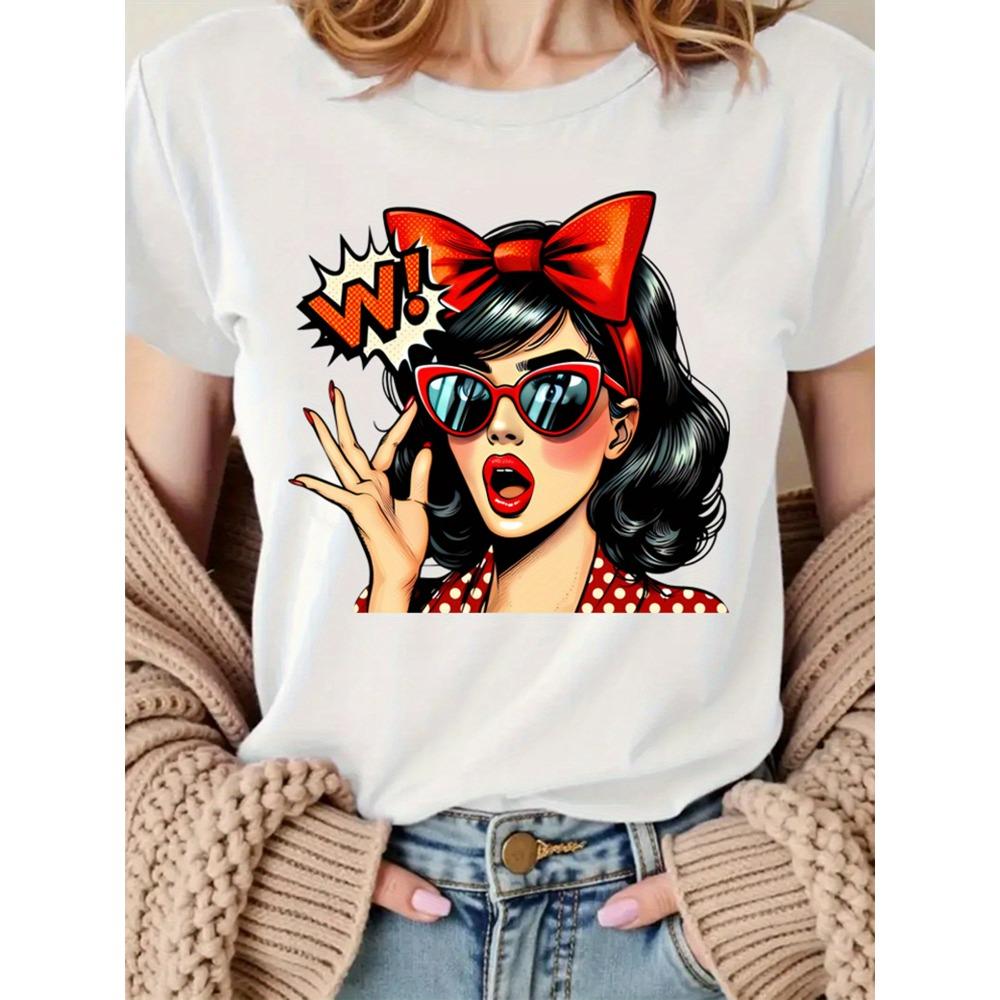 

Retro character women s clothing printed T-shirt round neck short-sleeved top suitable for spring and summer 3XL