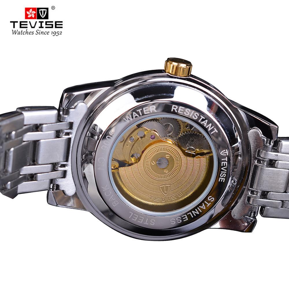 Fashion Tevise Retro Diamond Design Black Gold Mechanical Top Brand Automatic Full Steel Luxury Skeleton Waterproof Wrist Watch