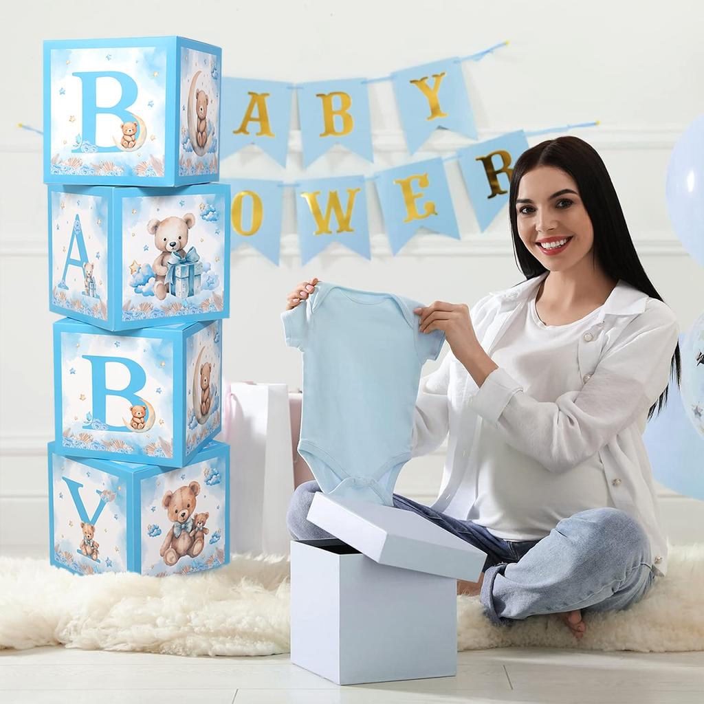 4pcs Blue Baby Shower Box Baby Balloon Box 1st Birthday Party Decor Kids Teddy Bear Baby Shower Boy Girl Gender Reveal Decor