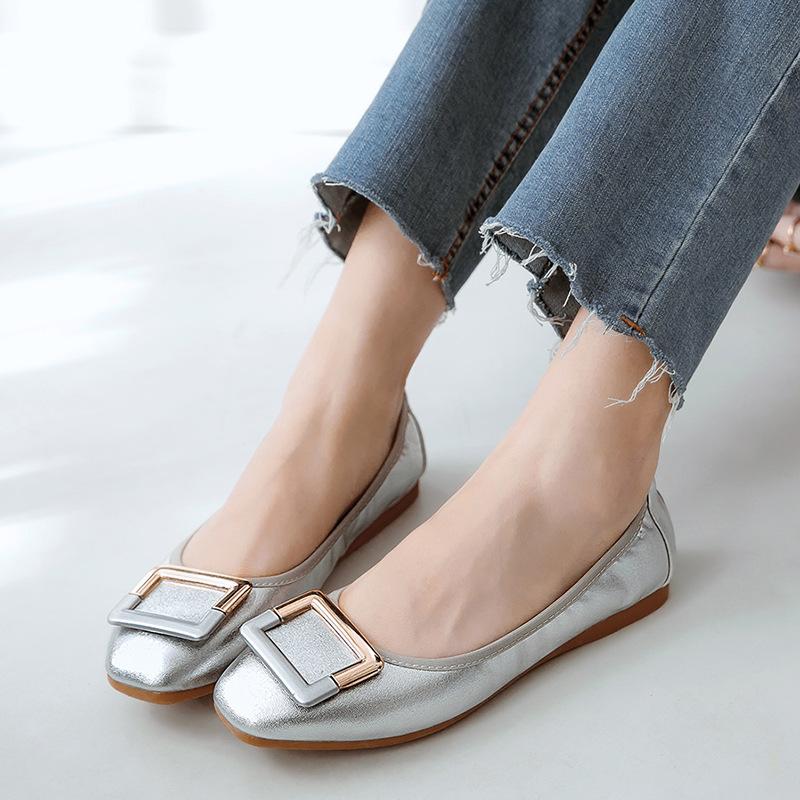 Fashion Metalic Buckle Shoes Ladies Roll-Up Moccasins Comfy Flats Shoes Women Foldable Loafers Antiskid Slip On Silver Ballet Girl Shoes