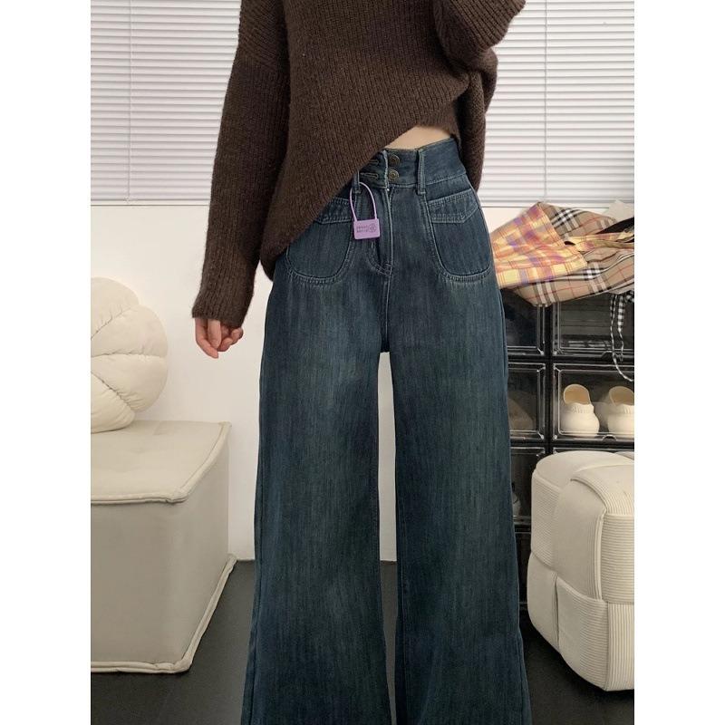 Fleece jeans for women, new autumn and winter new straight loose retro thickened wide-leg pants