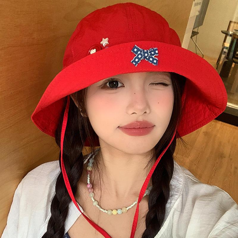 Cute red bow button quick drying bucket hat women's summer thin breathable flap hat sunshade sunscreen hat