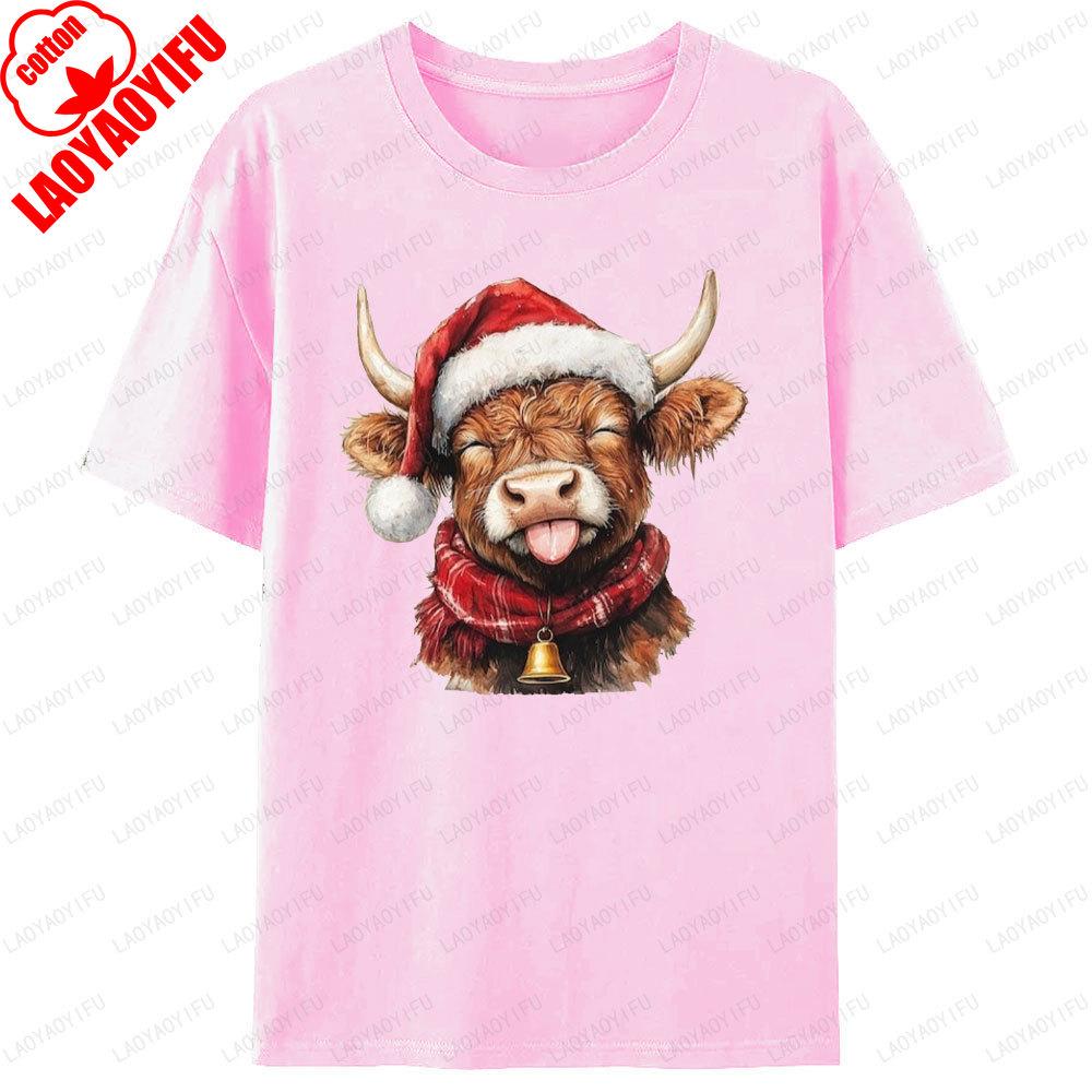 Funny Highland Cow Christmas Shirts Farm Cow with Santa Hat T-Shirt Xmas Bell Country Woman Men Christmas T Shirts Print Tops