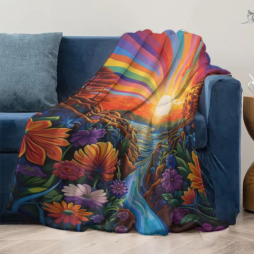 Vibrant Rainbow Floral Landscape Scenic Print Bed Blanket Throw Sofa Decor Gift
