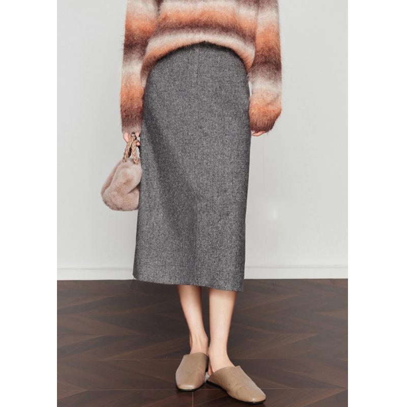 Woolen Half-Skirt: Women s 2025 Winter Brown-Gray Casual Slit Midi Skirt Large