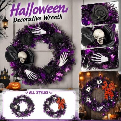 Halloween Decorative Wreath with Skeleton Skull and Hands Artificial Flowers and Bow for Indoor Outdoor Seasonal Party Decoration