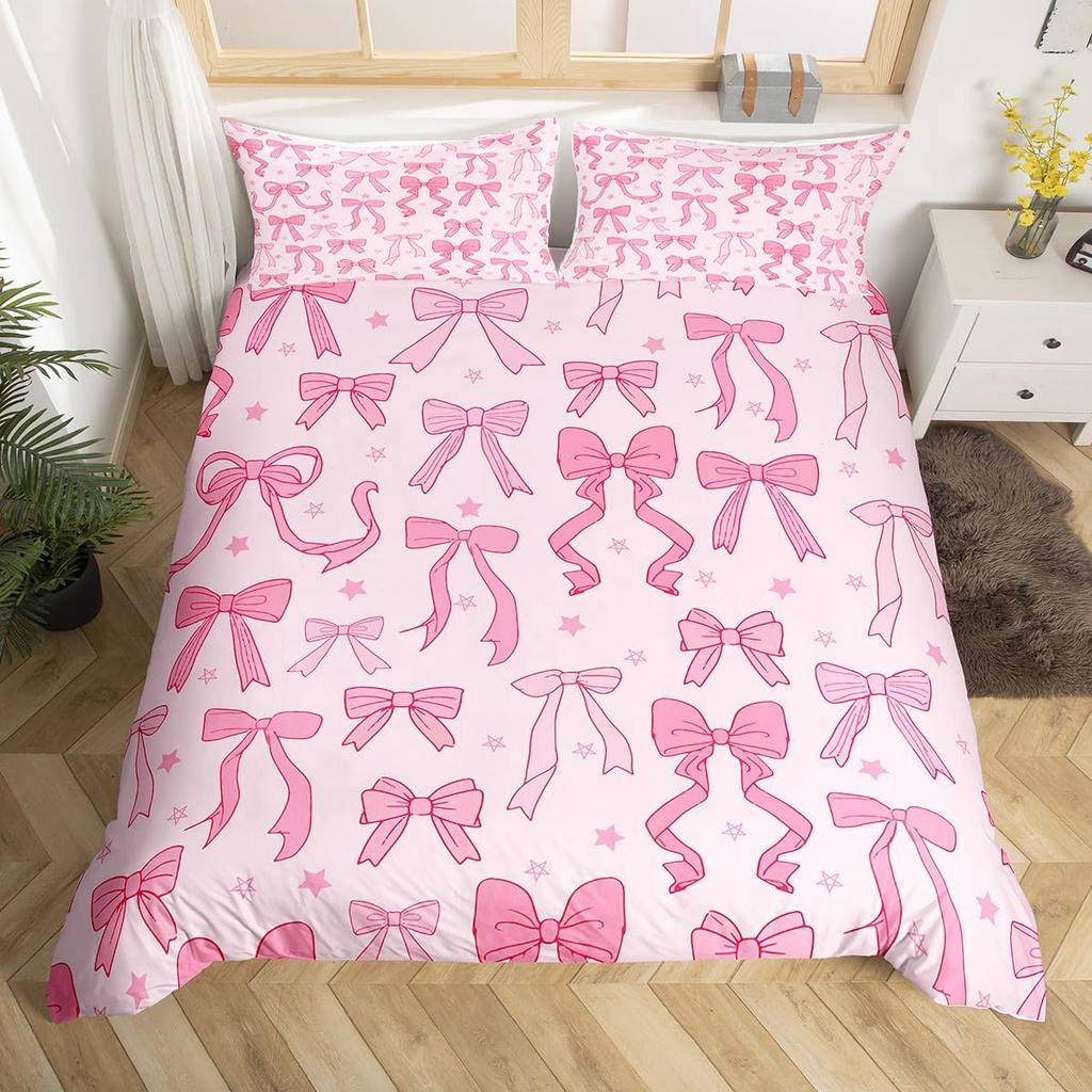 Pink Bowknot Duvet Cover Set Dreamy Princess Style Women Girl Soft Microfiber Bedding Set Pink Floral Queen King Comforter Cover