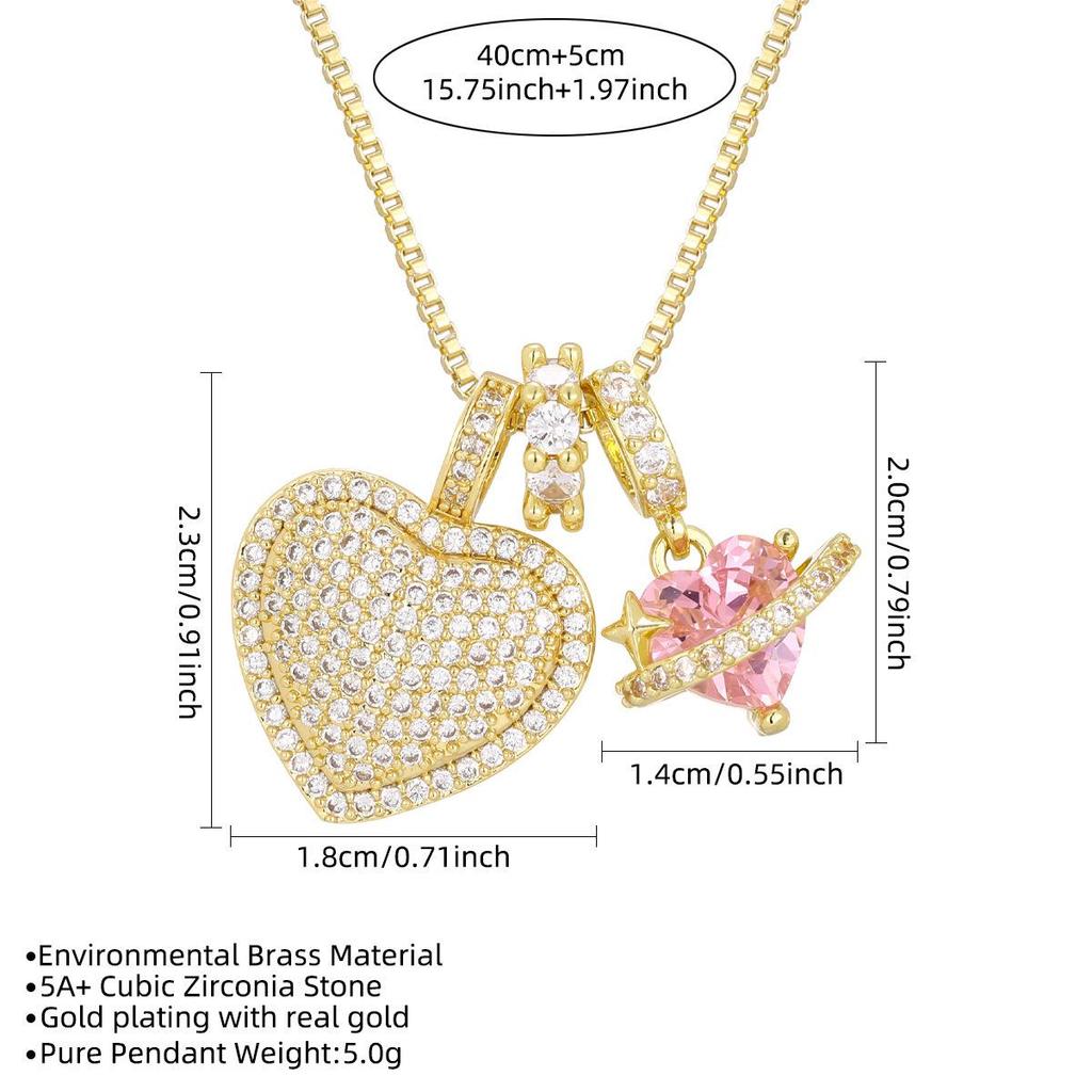 Heart-shaped Zircon Inlaid Copper Necklace with Full Diamond Pendant - Hip Hop Style