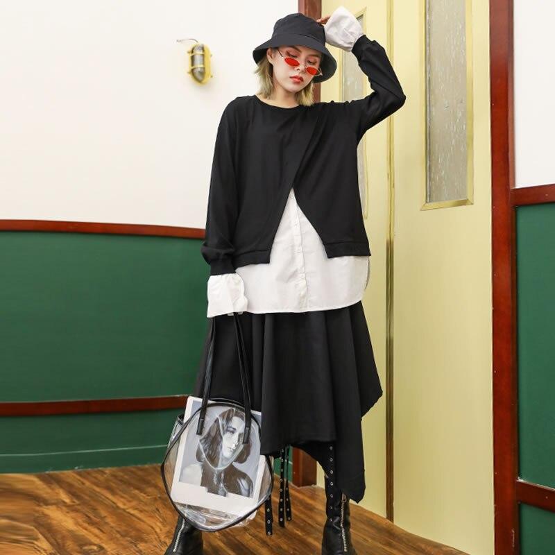 Xitao Patchwork Hit Color T Shirt Women Clothes Fashion Button Pullover Full Sleeve Match All Tee Top GCC1369