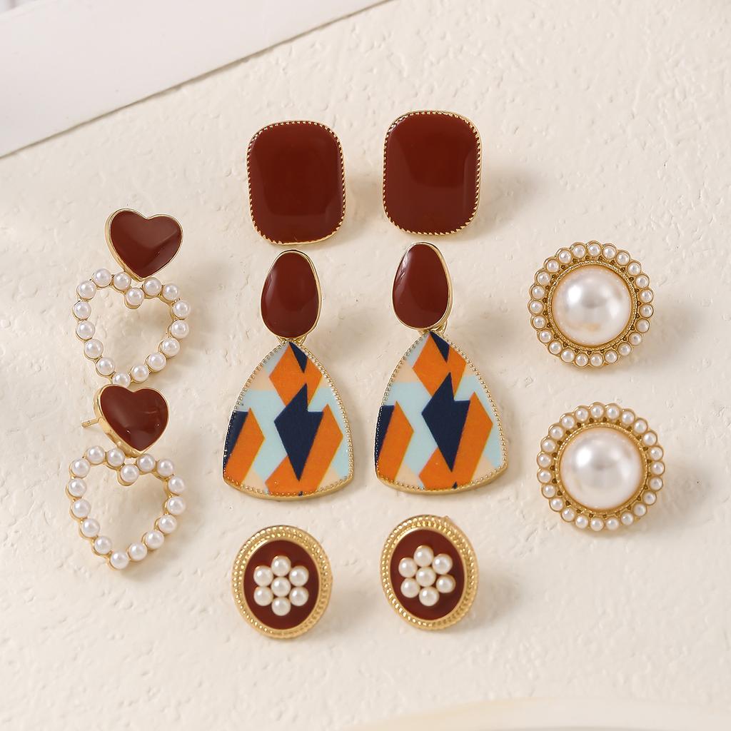 Women Boho All Match Love Heart Pearl Resin Geometry Ear Stud Earring Set