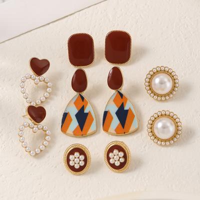 Women Boho All Match Love Heart Pearl Resin Geometry Ear Stud Earring Set