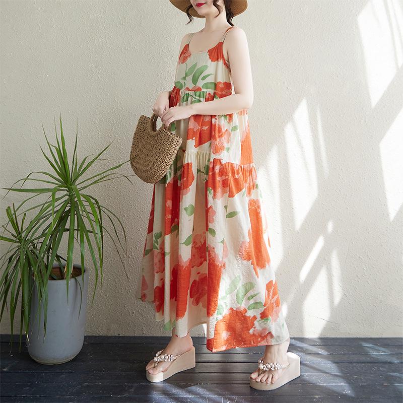 

2025 Summer Cotton Linen Patchwork Long Dress with Slimming Loose Fit and Large Hem One Size