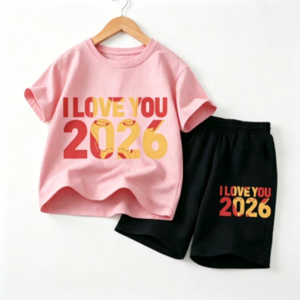 Fashion Letters I Love You 2026 Print Outdoor Street Kids T-shirt and Shorts Summer Home Casual Outfit Boy and Girl's Sports Set