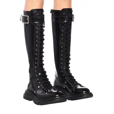 Moda Nueva Moda Mujer Correa Cruzada Botas de Cuero PU Otoño Invierno Botas Hasta la Rodilla Señoras Plataforma Suela Gruesa Botas Mujer
