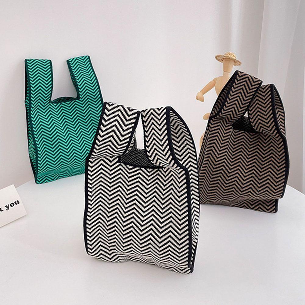 Plaid Mini Women Girls Casual Shopping Bags Knit Tote Bag Handmade Knot Wrist Bag