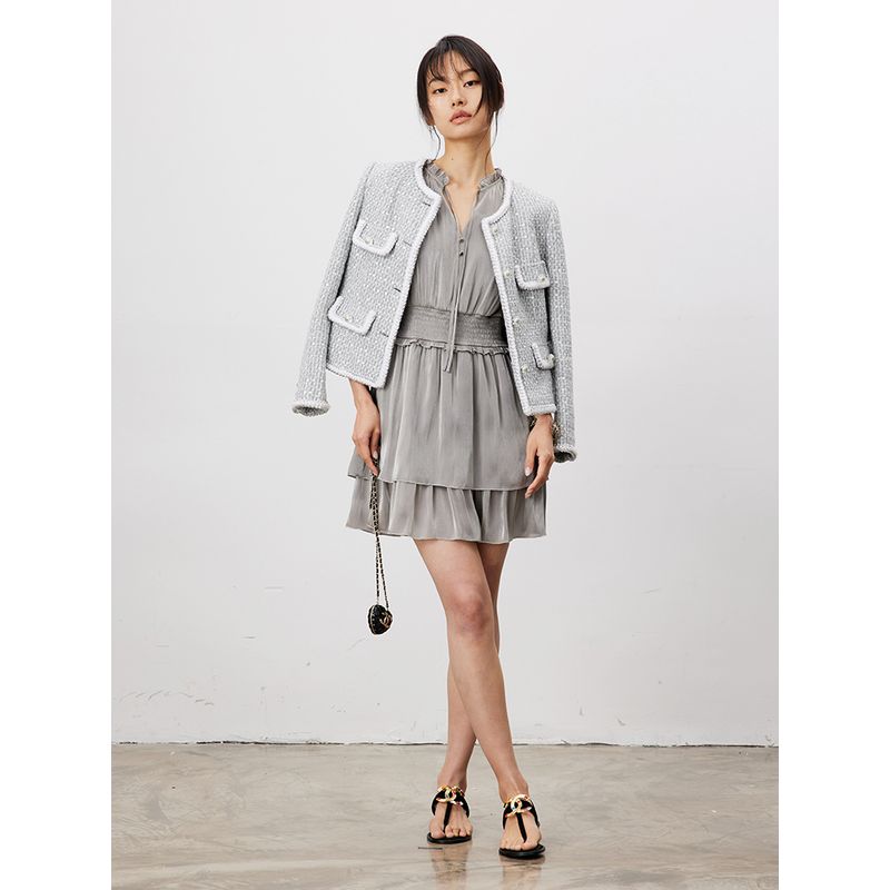 

Blacknini Yin WAF/ Beverly s Covenant Eight-quarter Sleeve Silk Waist Hugging Dress (Two Colors) Wave Light Silver-Dress M