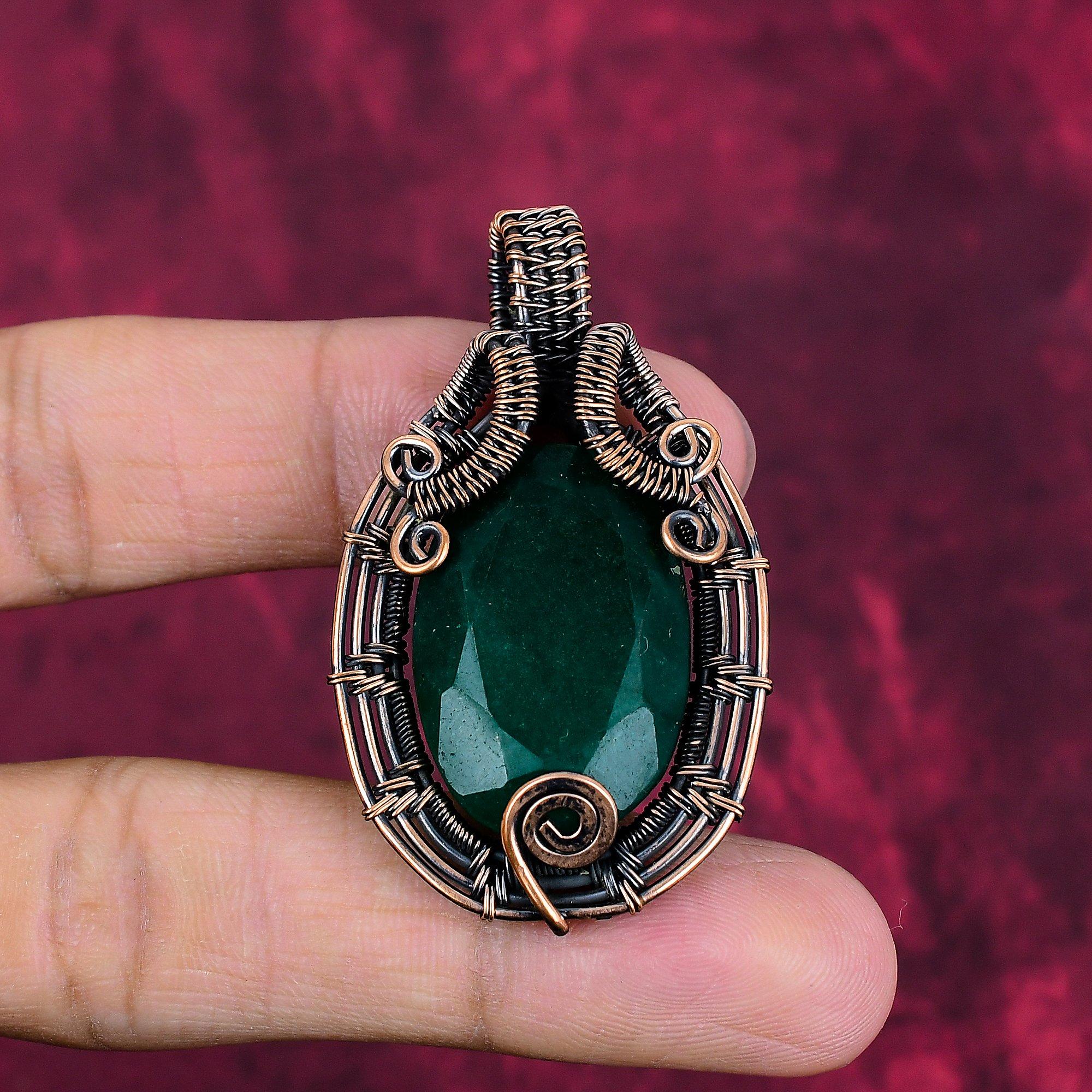 Faceted Zambian Emerald pendant Copper Wire Wrapped Pendant Real Gemstone Jewelry