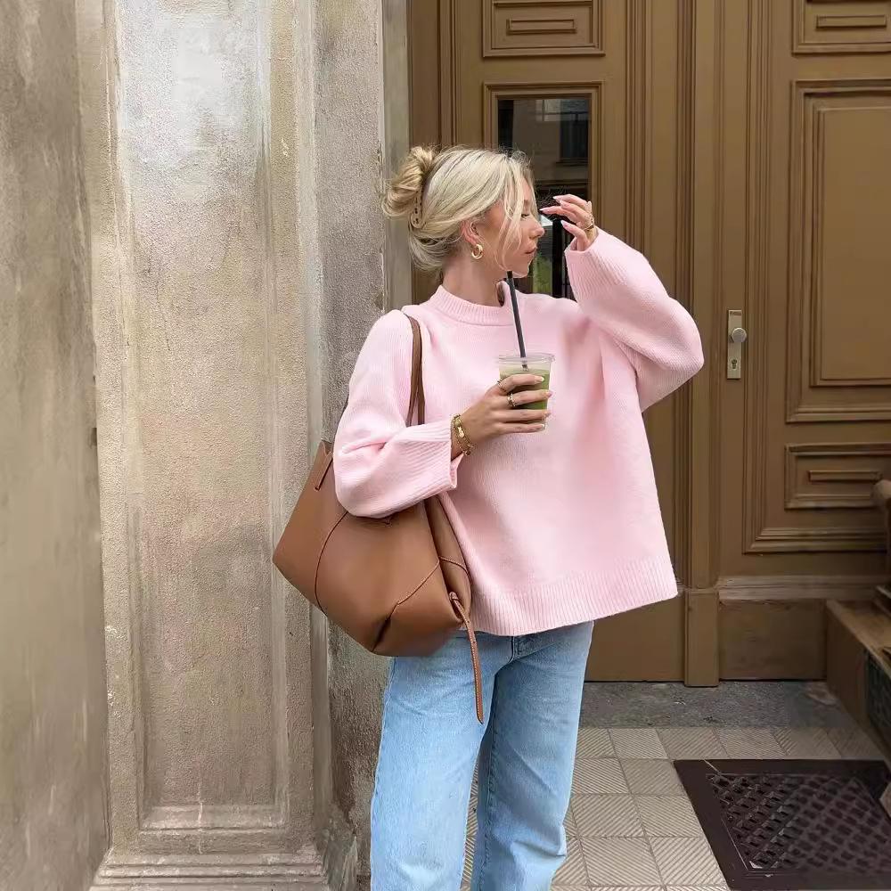 European and American style year winter new pink sweet round neck pullover lazy sweater