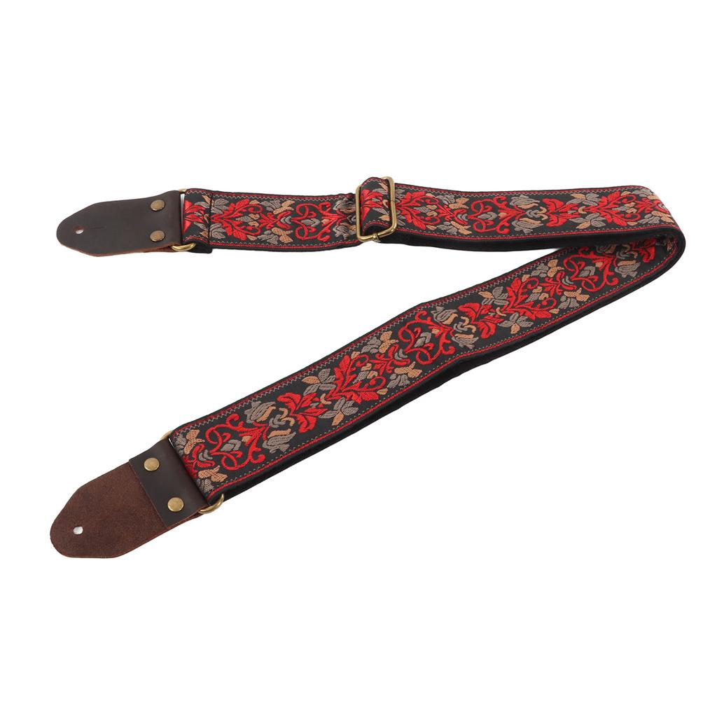 Gitarrengurt Lederkopf für Akustik E-Gitarre Bestickter Jacquard Vintage Blumenmuster Schwarz