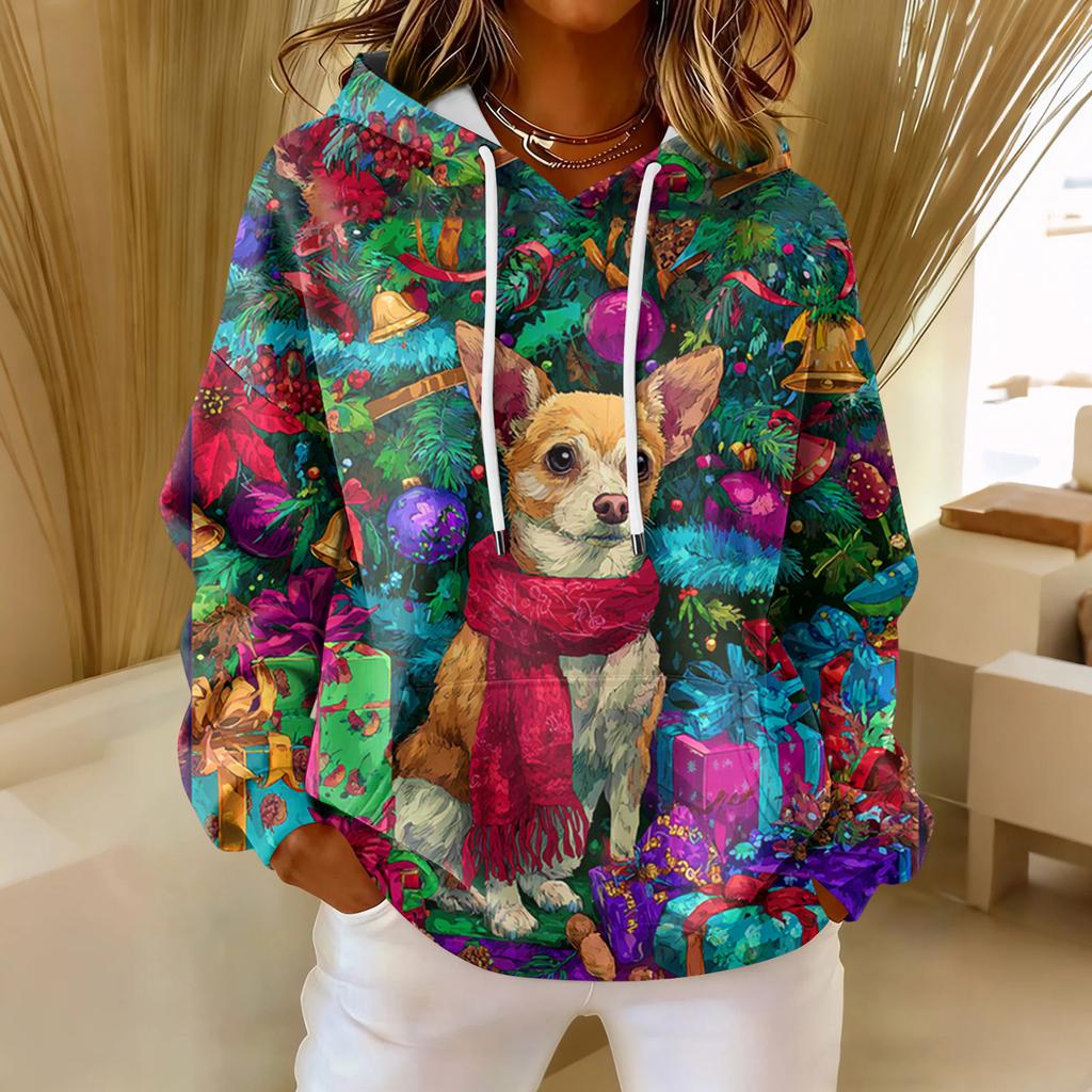 Women's Loose Comfortable Casual Fashion V-Neck Christmas Print Long Sleeve Hoodie